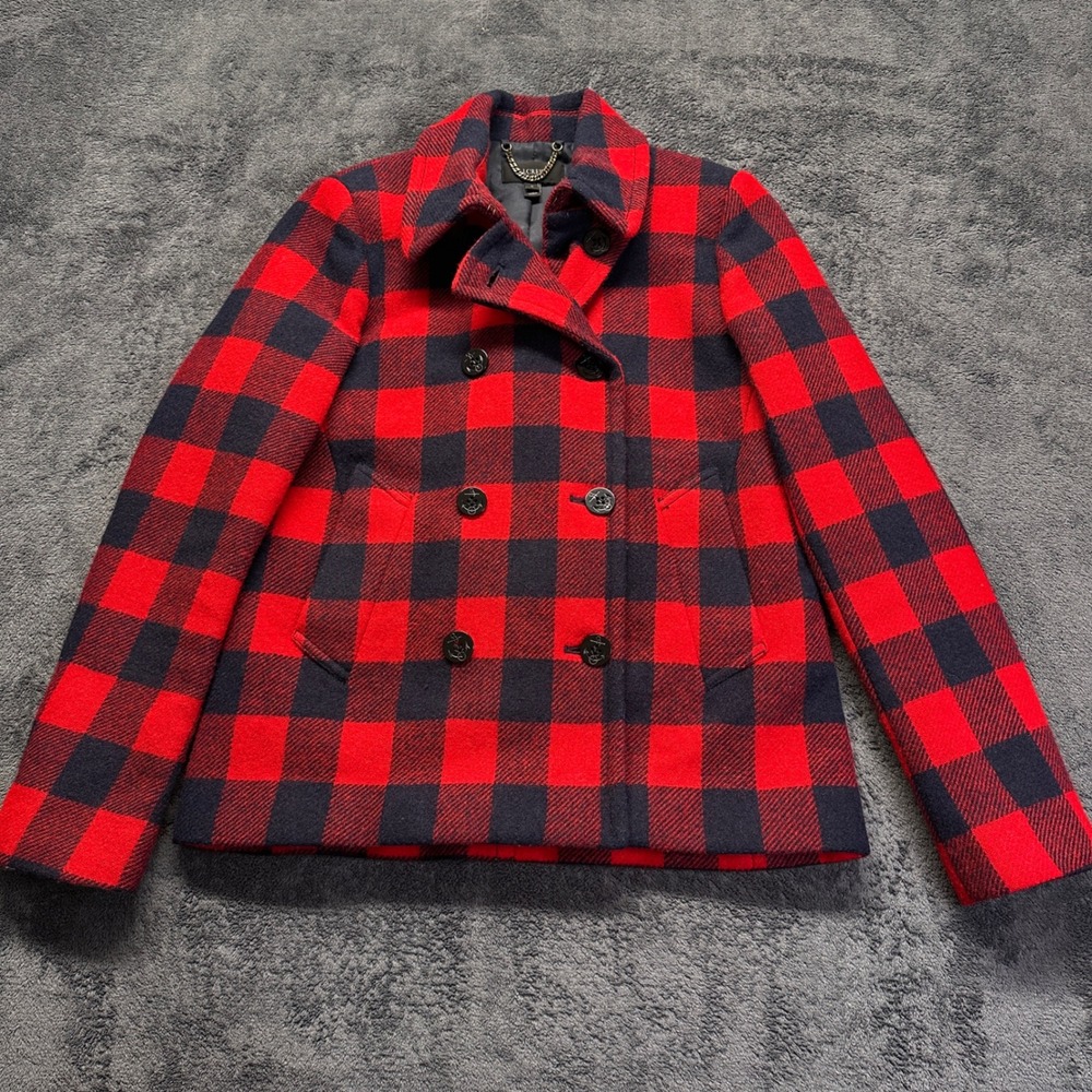 J.Crew Wool Pea Coat Womens 4 Red Buffalo Plaid Double Breasted Jacket Lined